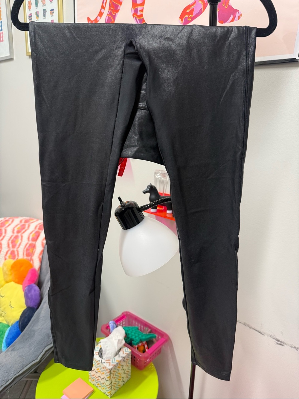 SPANX Black Faux Leather Leggings with Red Brand Tag